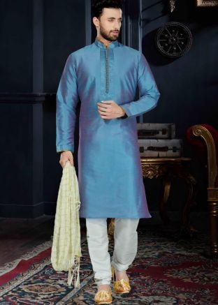 Readymade Blue Art Silk Kurta Churidar Set
