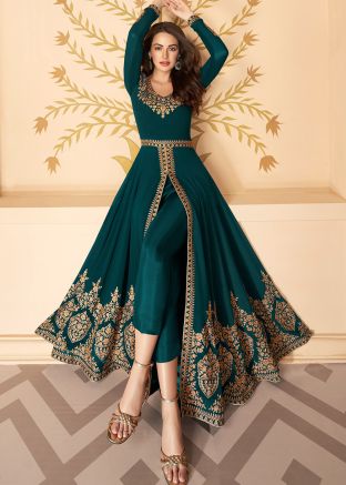 Green Embroidered Slit Style Pant Salwar Suit