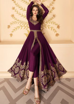 Purple Georgette Embroidered Slit Style Pant Suit