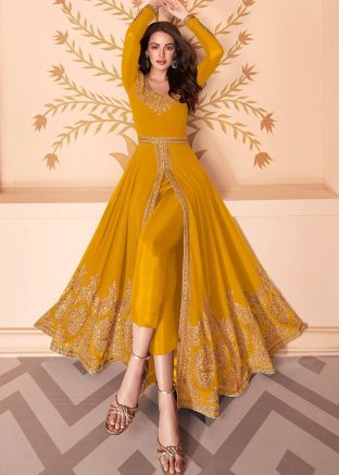 Indian Dresses Online USA - Yellow Embroidered Slit Style Pant Salwar Suit