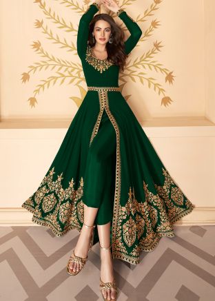 Shop Green Embroidered Georgette Slit Style Pant Salwar Kameez USA