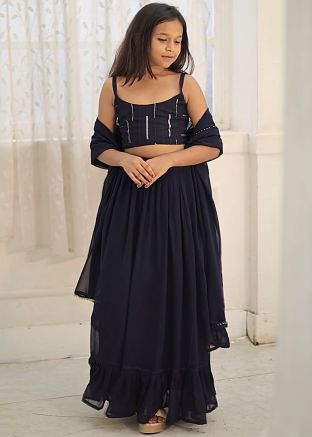 Blue Embroidered Kids Lehenga Choli