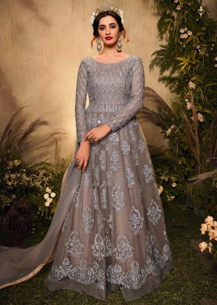 Grey Embroidered Floor Length Anarkali In Net