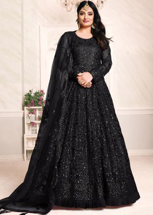 Black Embroidered Net Anarkali Suit With Dupatta