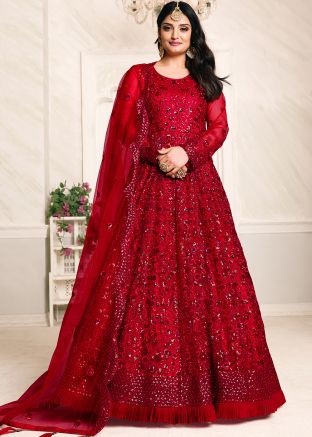 Red Embroidered Net Bridal Anarkali Suit