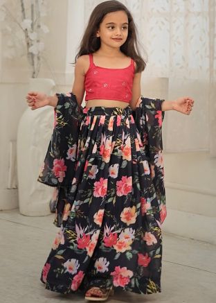Readymade Kids Black Floral Print Lehenga Choli
