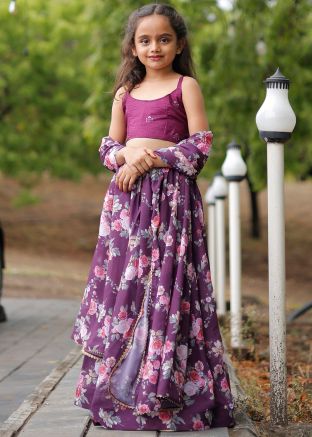 Readymade Purple Kids Floral Print Lehenga Choli