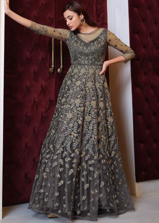 Grey Embroidered Net Anarkali Style Suit
