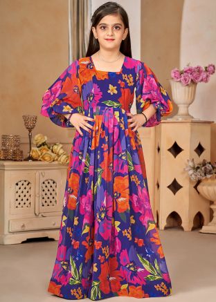 Kids Blue Floral Print Readymade Gown