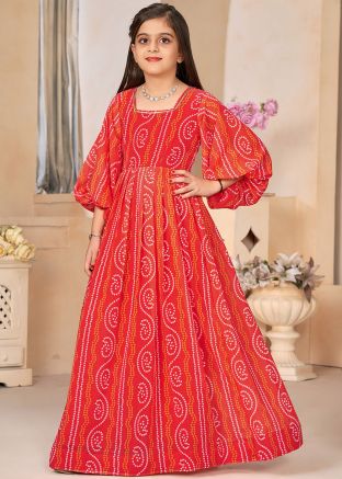 Red Bandhej Printed Kids Georgette Gown