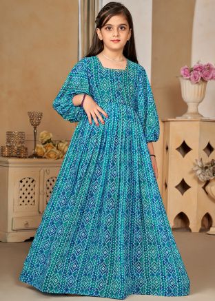 Blue Printed Kids Readymade Gown