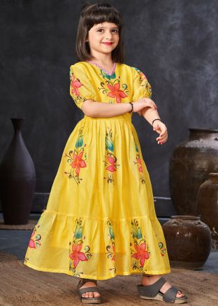 Yellow Floral Printed Kids Dress