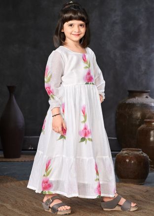 White Floral Printed Kids Dress