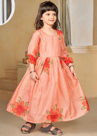 Peach Floral Printed Kids Dress