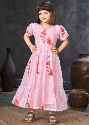 Pink Floral Printed Kids Dress