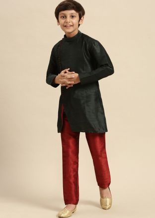 Black Kids Readymade Plain Kurta With Pajama