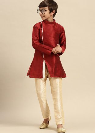 Kids Maroon Readymade Plain Kurta Pajama Set