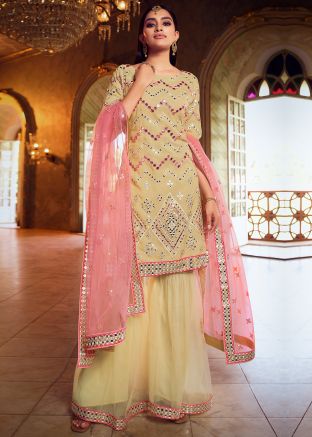 Beige Organza Kurta With Sharara Set