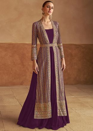 Purple Embroidered Jacket Style Gown