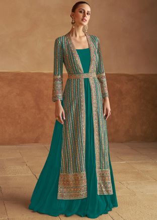 Turquoise Embroidered Jacket Style Georgette Gown