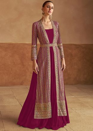 Pink Embroidered Jacket Style Gown In Georgette