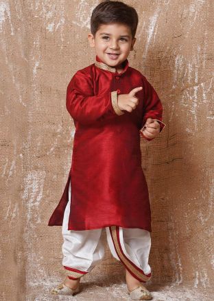 Red Readymade Kids Kurta With Dhoti