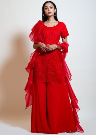 Red Embroidered Readymade Palazzo Suit With Dupatta
