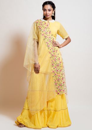 Readymade Yellow Gharara Suit With Embroidered Dupatta