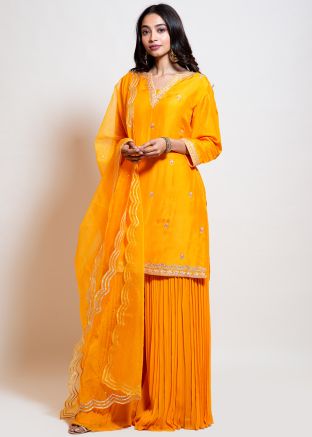 Readymade Yellow Embroidered Straight Cut Sharara Suit