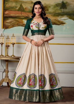 Cream Zari Woven Gown In Art Silk