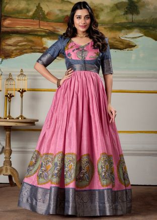 Pink Zari Woven Gown With Jacket