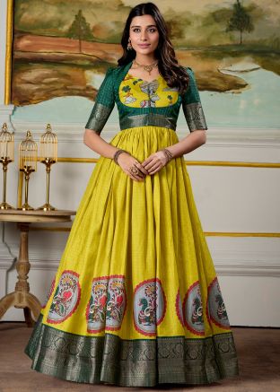 Green Zari Woven Gown With Jacket