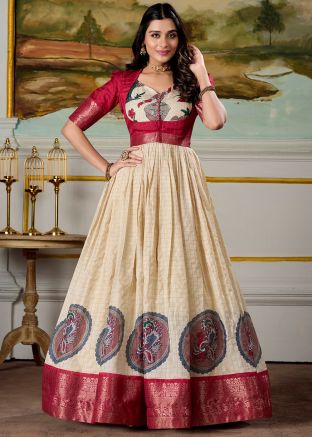 Cream Zari Woven Gown In Art Silk