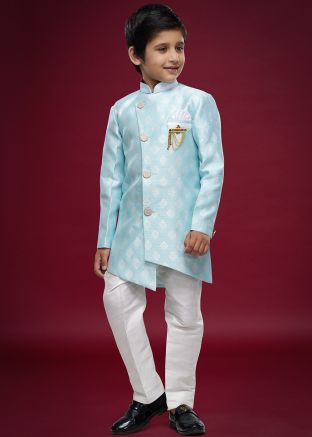 Pastel Blue Readymade Woven Kids Jacquard Indowestern Sherwani