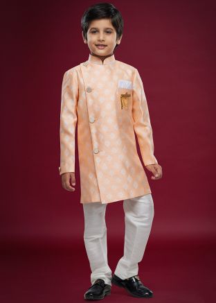 Peach Readymade Kids Jacquard Indowestern Sherwani In Woven work
