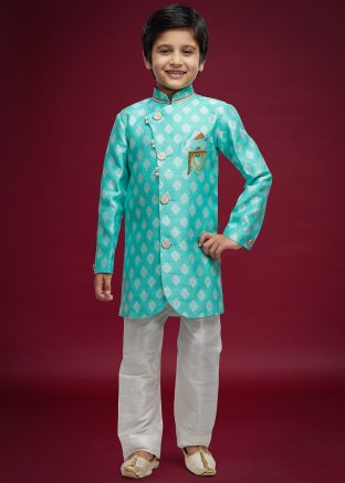 Turquoise Readymade Woven Kids Indowestern Sherwani In Jacquard 