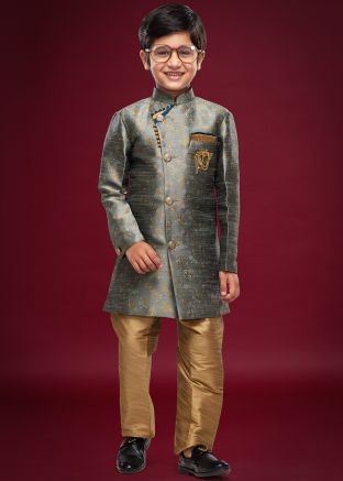 Dark Grey Readymade Woven Kids Jacquard Indowestern Sherwani