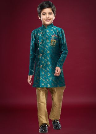 Teal Blue Readymade Woven Kids Indowestern Sherwani In Jacquard 