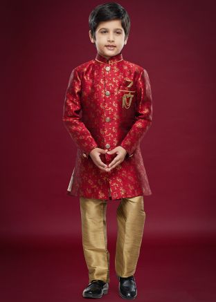 Readymade Woven Kids Jacquard Indowestern Sherwani In Maroon 