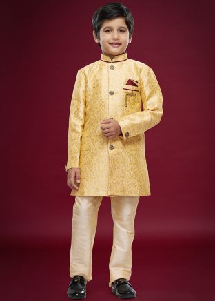Golden Readymade Kids Jacquard Indowestern Sherwani In Woven work
