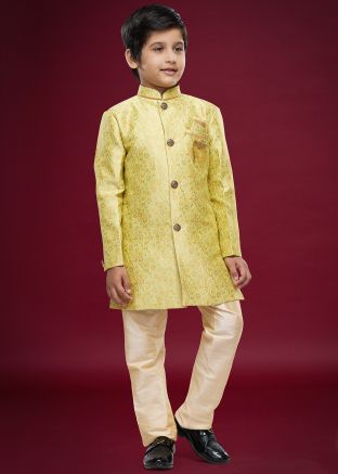 Yellow Readymade Woven Kids Jacquard Indowestern Sherwani