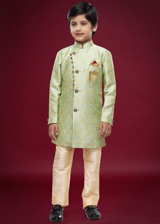 Pastel Green Readymade Woven Kids Indowestern Sherwani In Jacquard 