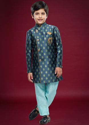 Readymade Woven Kids Jacquard Indowestern Sherwani In Dark Blue
