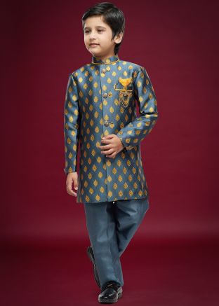 Dark Grey Readymade Woven Kids Jacquard Sherwani Indowestern Style