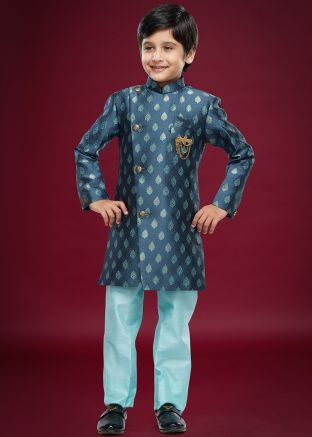 Blue Readymade Woven Kids Jacquard Indowestern Sherwani