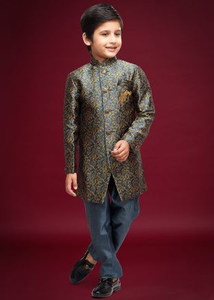 Readymade Woven Kids Jacquard Indowestern Sherwani In Dark Grey