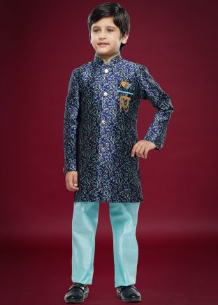 Dark Blue Readymade Woven Kids Jacquard Indowestern Sherwani