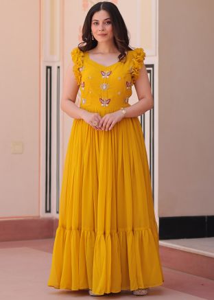 Yellow Embroidered Gown In Georgette