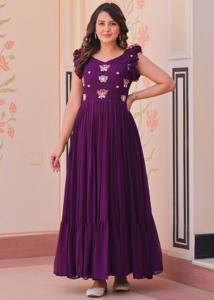 Purple Embroidered Gown In Georgette