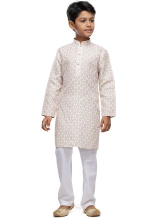 Readymade Light Beige Kids Printed Kurta Pajama